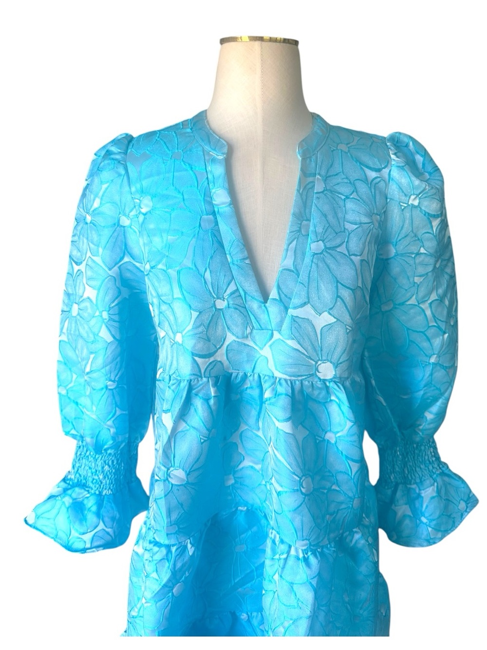 NWT Pomander Place Blue Floral Puff Sleeve Tiered Mini Dress Medium - Picture 10 of 12
